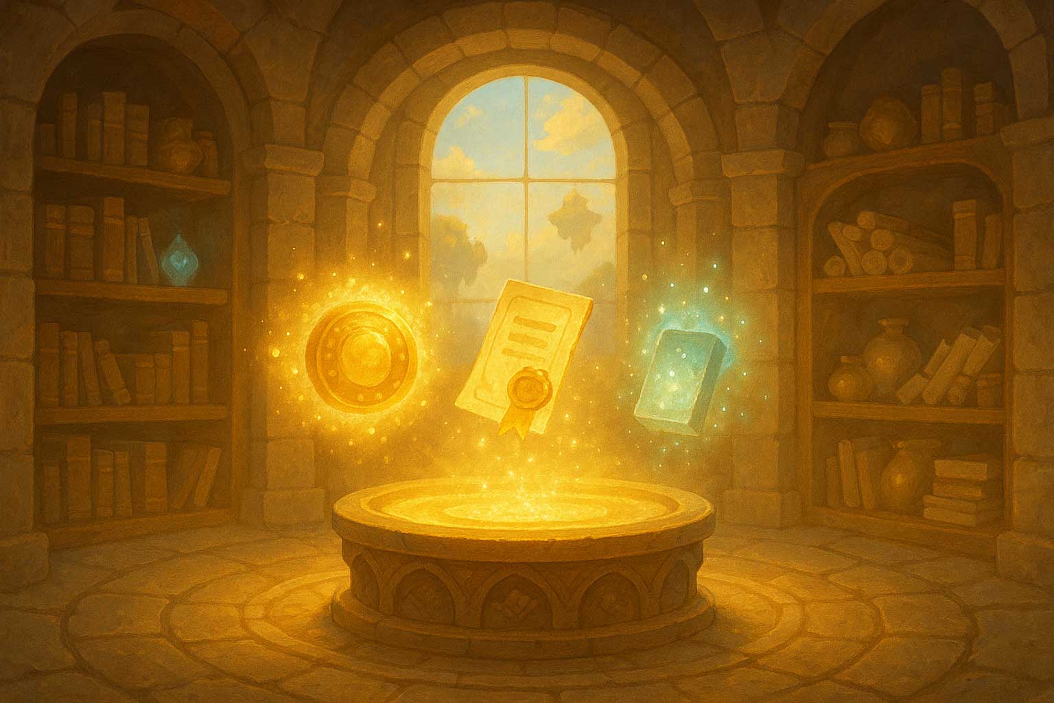 三つの証を机の上に並べたアイテムカット